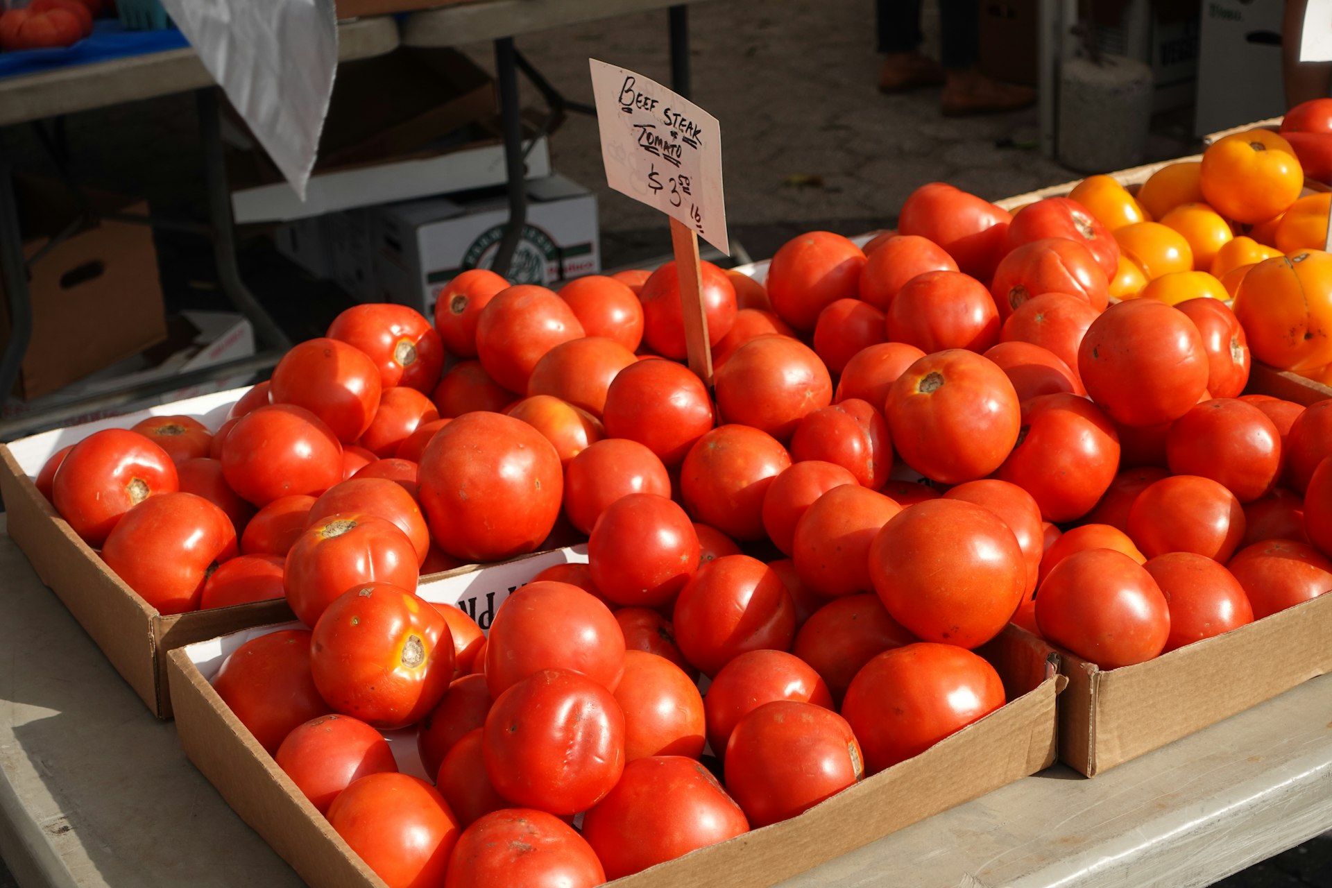 a display of tomatoes and oranges for sale